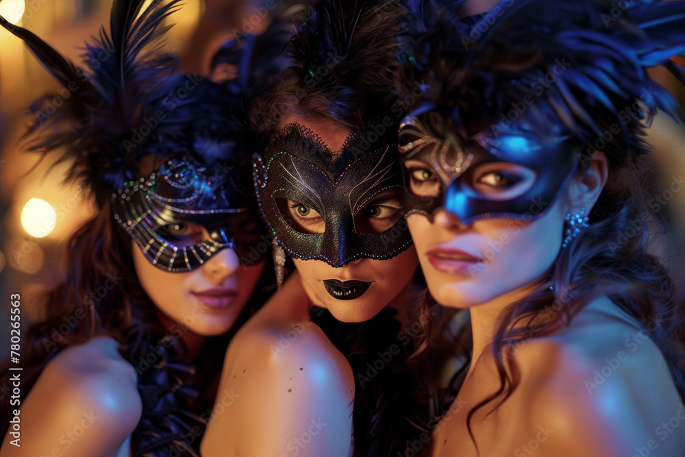 sumptuous women wearing raven masks at a masquerade ball