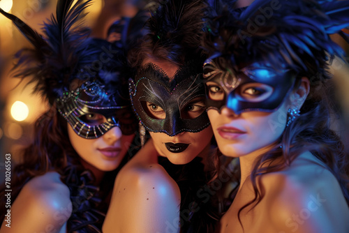 sumptuous women wearing raven masks at a masquerade ball