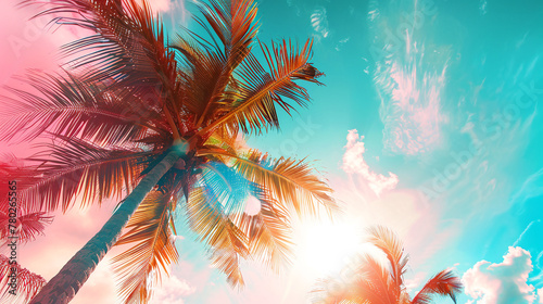 Photo of palm trees from below, illuminated by sunlight against blue sky. Summer background © CozyDigital