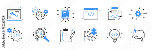 Software code icon doodle set. Hand drawn line sketch software coding doodle. Computer program build technology, data operate, application product test icon. Program build vector illustration © Polina Tomtosova