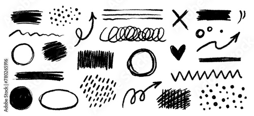 Chalk color pencil texture brush dot stroke vector element. Children crayon color brush stroke texture arrow, circle, underline shape. Hand drawn childish chalk pencil scribble. Vector illustration