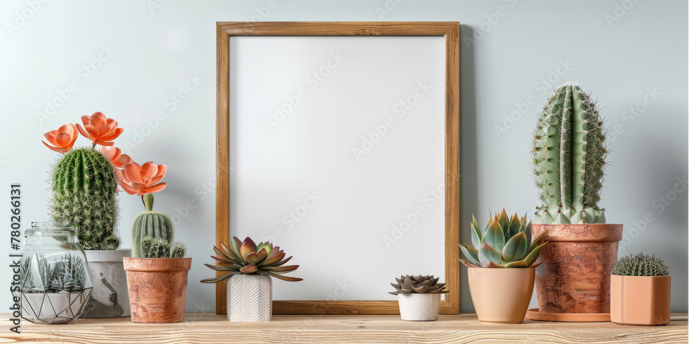 white blank wooden frame on shelf with cactus and succulents,mockup