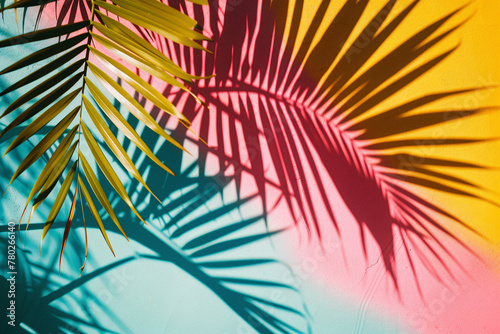 Close-up photo of palm leaves with different light on them. The concept of summer holidays in exotic places. Summer trendy background