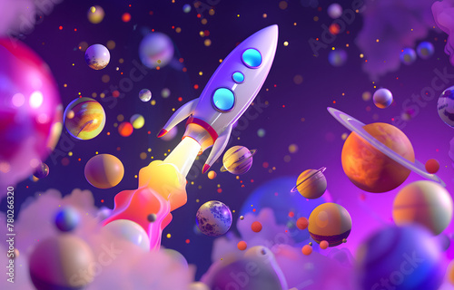3D Illustration of Exploration space rocket on galaxy background , Imagination creative for kid concept. 