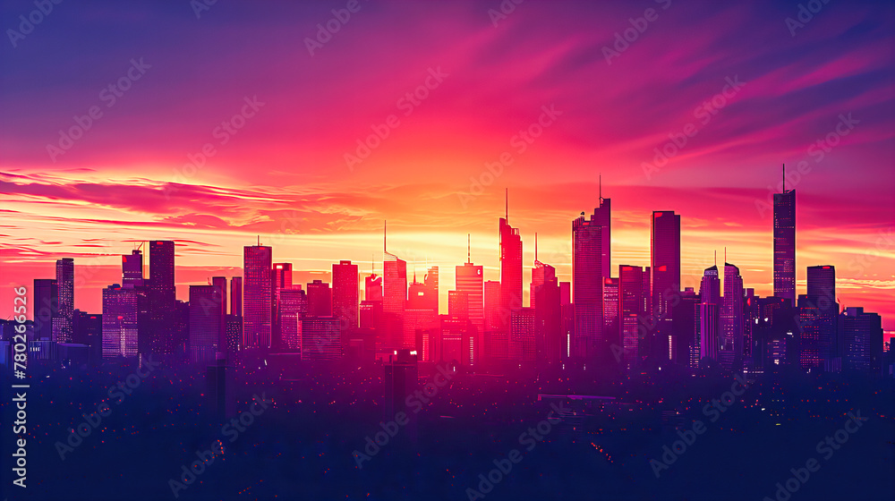 Aerial View of Urban Skyline at Sunset, Panoramic Cityscape with Skyscrapers and Light Reflections