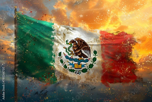 Majestic Mexican Flag Billowing with Pride Against a Fiery Sky, a Tribute to Cinco de Mayo's Brave History
 photo