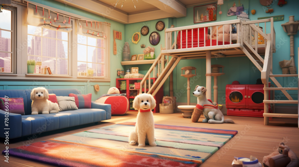 Puppy's dream home featuring cozy beds, playful toys, and a dedicated play area.