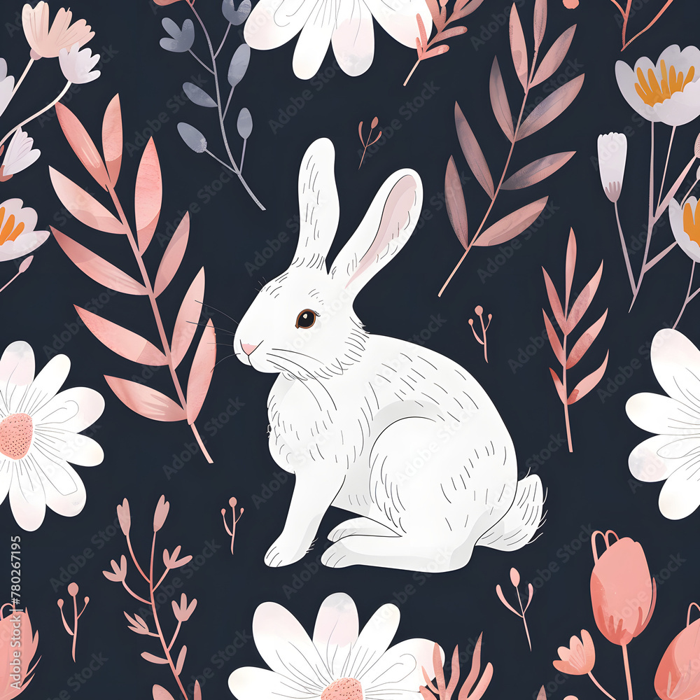 Seamless pattern with white rabbits and flower on dark background.