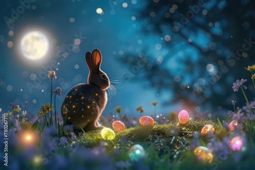 A Mountain Cottontail rabbit is resting in the grass with Easter eggs in front of a full moon AIG42E