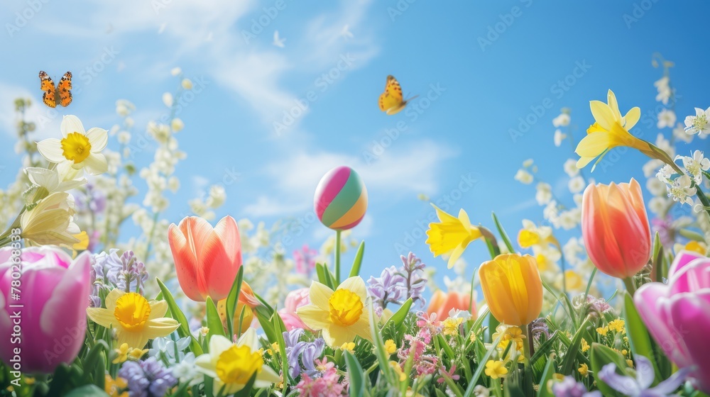 Easter eggs rest in the lush grass, encircled by vibrant flowers and a delicate butterfly. The natural landscape is alive with color, creating a picturesque scene in the meadow AIG42E