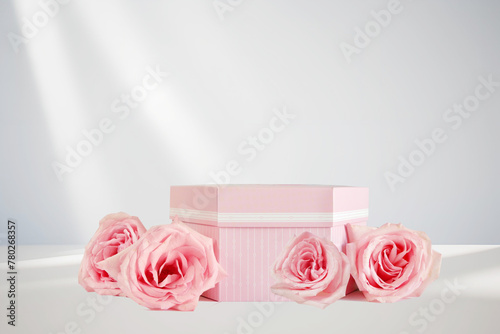 Product podium placement with pink roses flowers on white background, Empty podium with rose and petals for display gifts, products or cosmetics