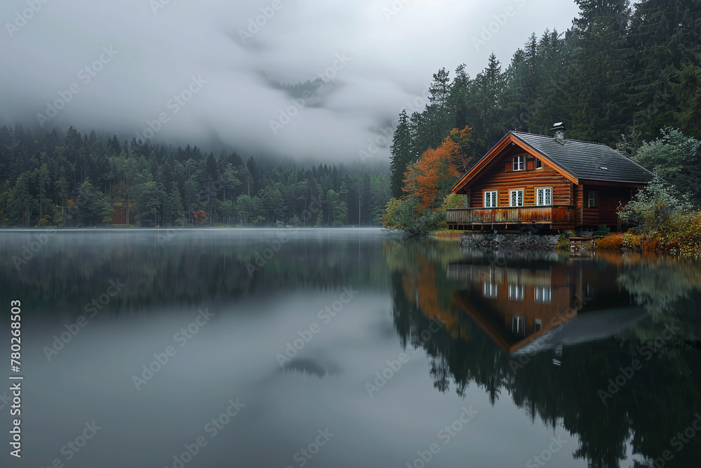 Lonely wooden rest house on the lake shore. Cloudy weather and slight fog