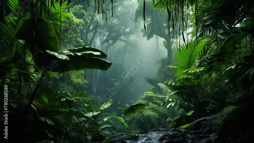 Tropical rain-forest  canopy during a heavy downpour.
