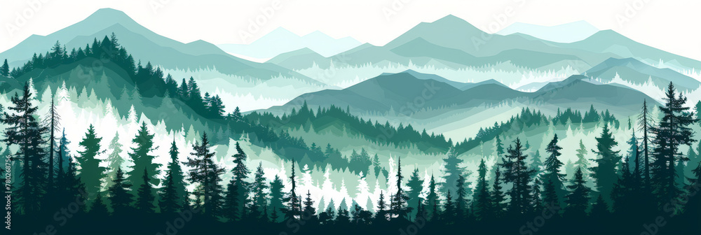 green forest landscape, illustration of a green pine tree forest with mountains, green forest watercolor baackground	