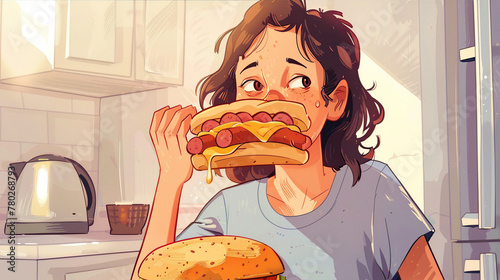 .Fat woman eats a big burger at night