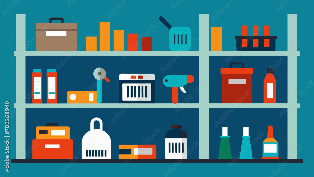 Obraz premium A series of shelves lined with neatly organized tools and equipment each labeled with a barcode that can be easily scanned and tracked using the
