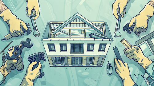 hands with different construction tools build a house