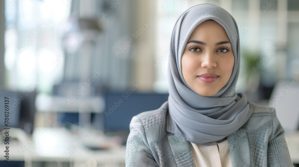 Confident woman in hijab as a professional data analyst smiling in a modern office setting