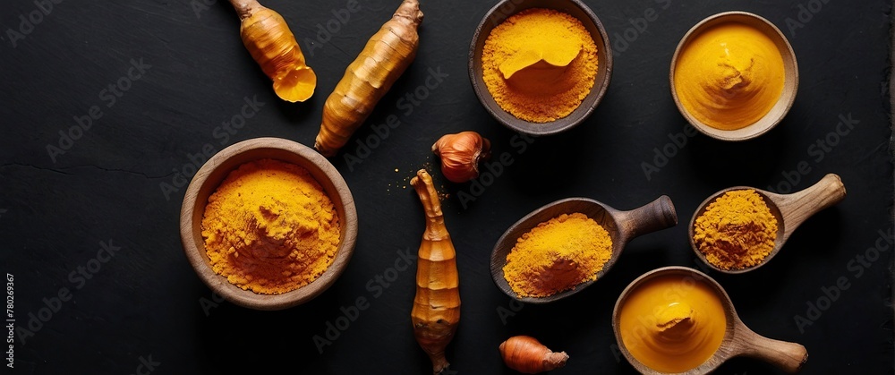 Turmeric on a black background. Free space for text. Turmeric on a black background. Free space for text.
