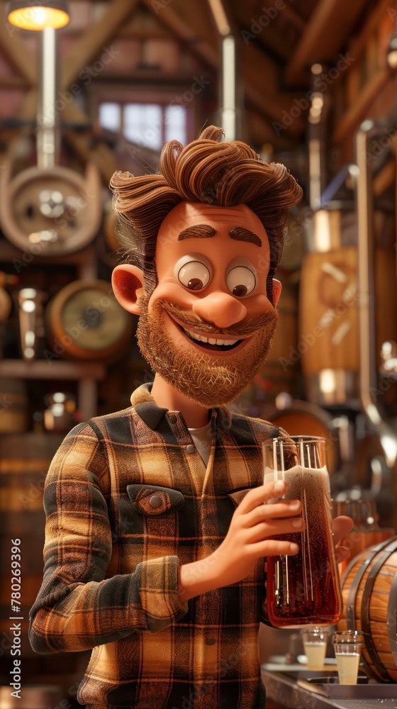 A man with a beard and mustache is smiling and holding a glass of beer