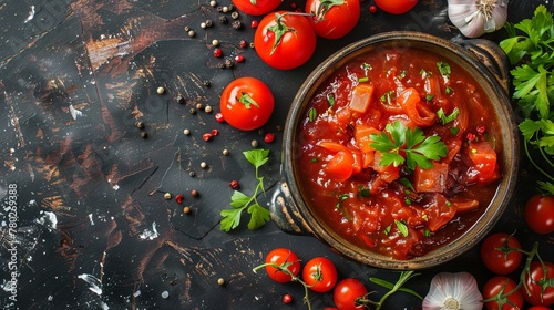 Traditional Ukrainian borscht in a bowl. top view.