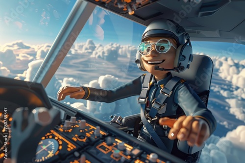 A cartoon pilot is flying a plane with a smile on his face photo