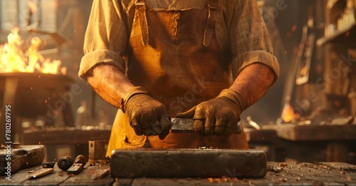 A man is working on a piece of metal in a workshop photo