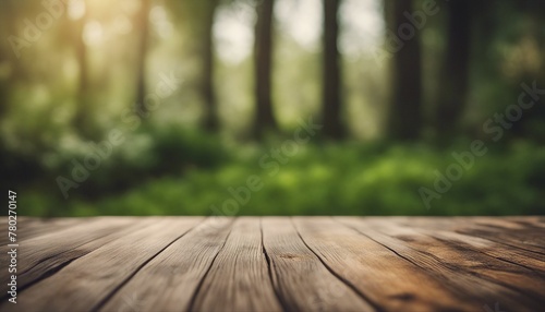 A realistic wooden table with detailed textures sits against a blurred green backdrop, evoking a forest or garden ambiance.