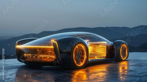 Futuristic car showcasing its transparent engine bay with glowing, advanced nanotechnology batteries and fuel cells