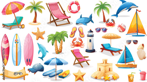 Sunshine awaits! This colorful cartoon vector illustration captures the essence of a relaxing beach day. Vibrant colors and playful shapes create a cheerful atmosphere, perfect for any project. 
