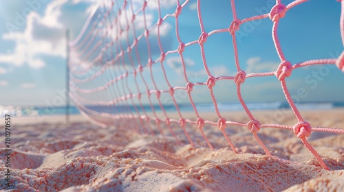 Volleyball net 3d handmade style anchored in the sand, Beach volleyball net, summer vacation, sport concept.