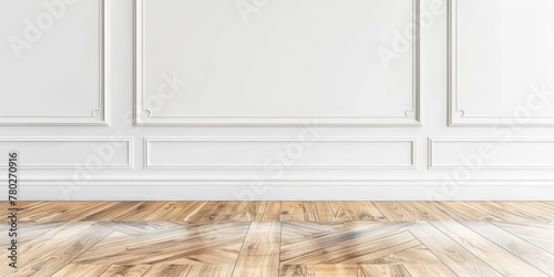 White wall with paneling and parquet floor, empty room interior with wall panels molding and wooden floor, copy space 