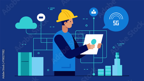 An engineer examining a blueprint of a 5G network architecture making strategic adjustments to enhance its security and stability.