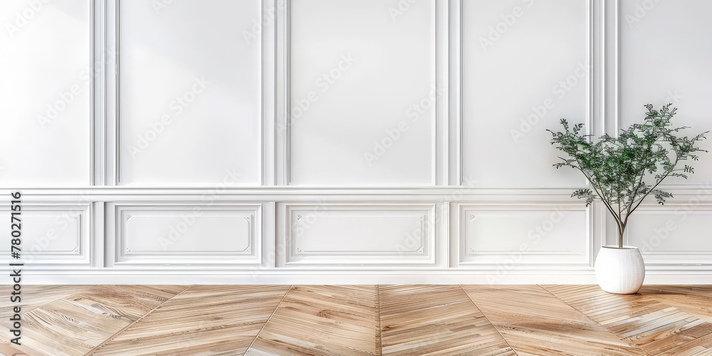 White wall with paneling and parquet floor, empty room interior with wall panels molding and wooden floor, copy space White wall with paneling and parquet floor, empty room interior with wall panels molding and wooden floor, copy space
