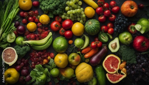 A variety of vibrant fruits and vegetables arranged on a dark background highlights healthy choices and dietary diversity. photo
