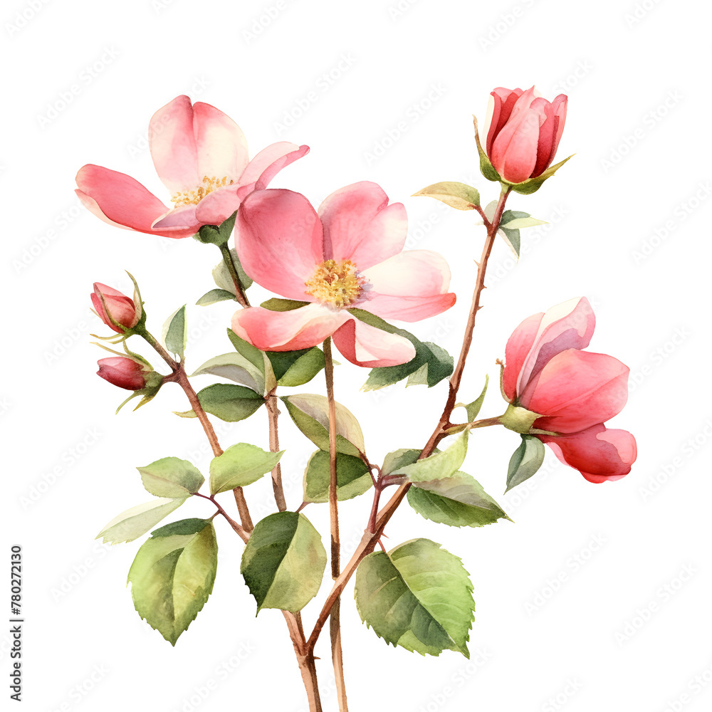 Beautiful watercolor tender rose hip flower isolated on white background. A rose pink realistic PNG wild rose illustration pattern design for card, home decor or wedding invitation