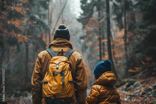 Rear view of a child and parent in a forest, enjoying nature and contemplating the beauty of the surroundings.