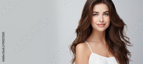 A young, beautiful woman stands isolated against a white background