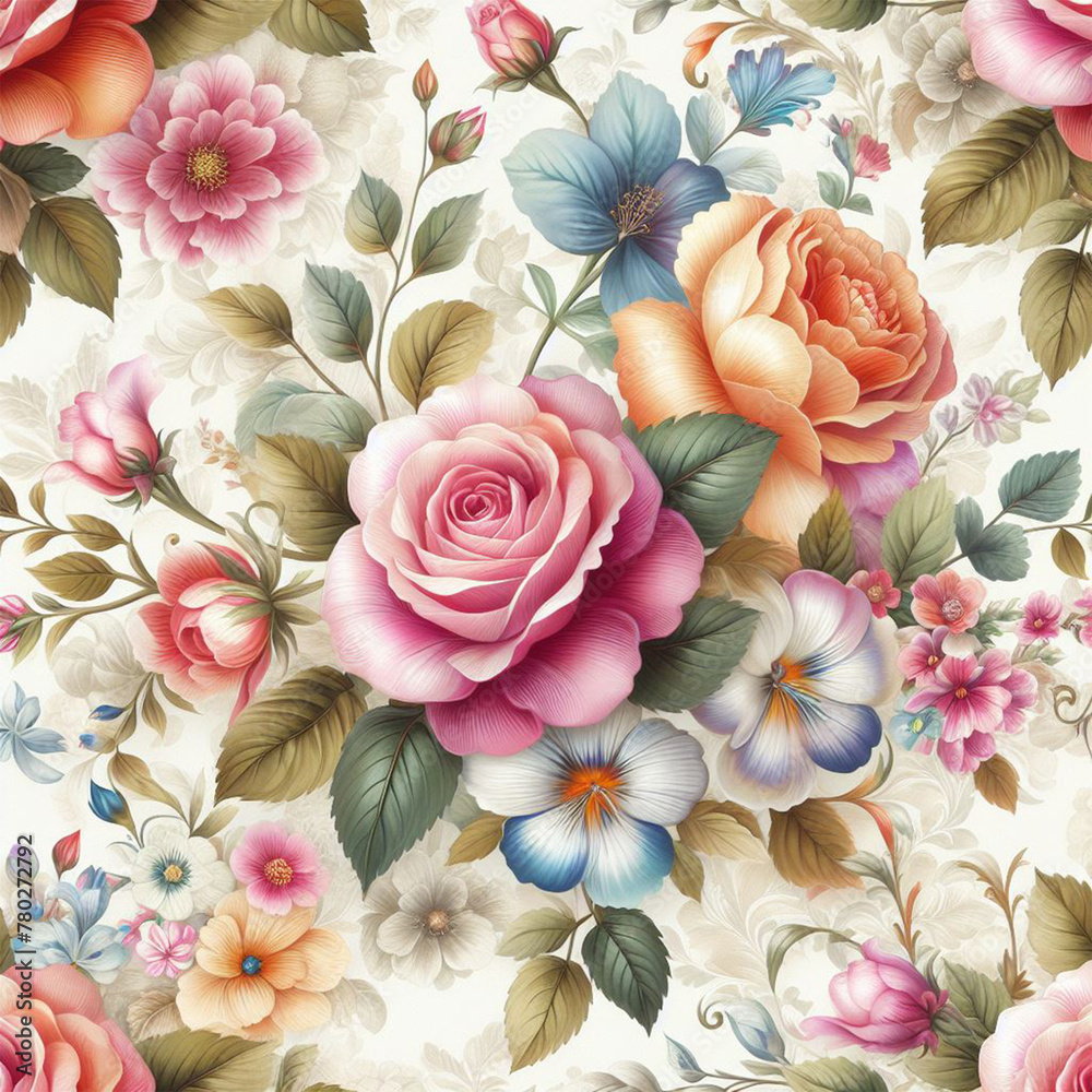 Beautiful floral elegant Colorful abstract rose flowers bouquet fabric seamless pattern of hand drawn flowers decorative colorful wallpaper background