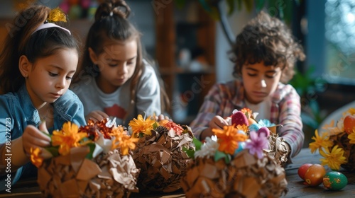 A group of happy children are gathered around a table, smiling and sharing Easter eggs from storage baskets. The toddlers and babies are having fun at this leisure event, building memories together