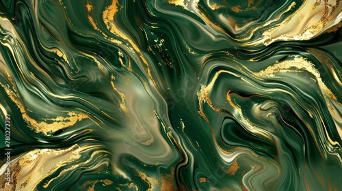 3D wallpaper of liquid marble  golden swirls over a green backdrop  luxurious and dynamic