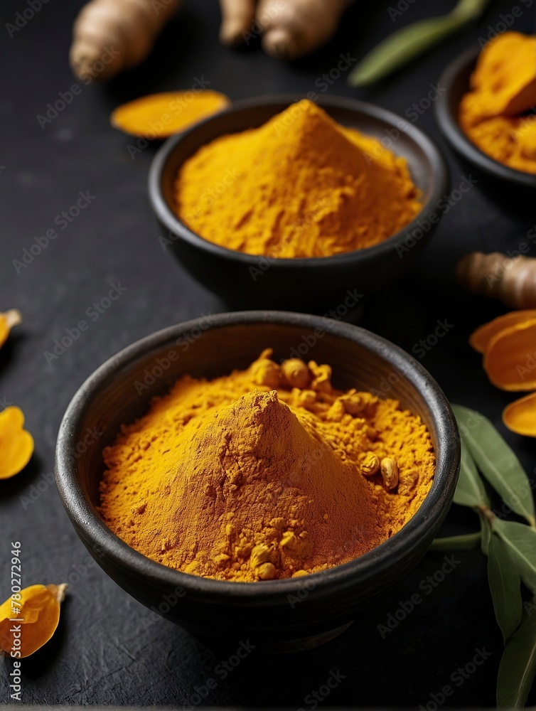 Turmeric on a black background. Free space for text.