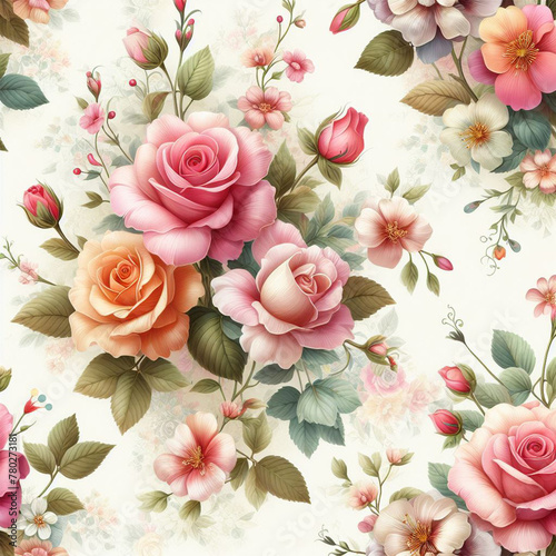 Beautiful floral elegant Colorful abstract rose flowers bouquet fabric seamless pattern of hand drawn flowers decorative colorful wallpaper background