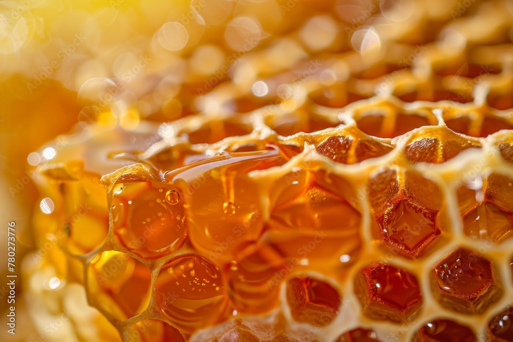 A close up of honeycomb with honey dripping from it A close up of honeycomb with honey dripping from it