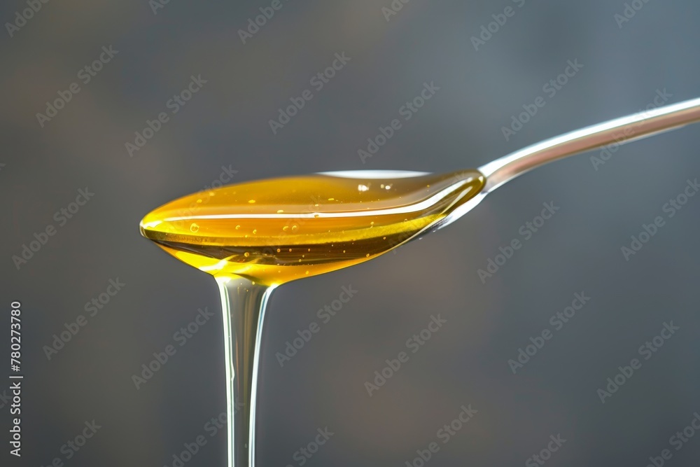 A spoonful of honey drips down the side of a spoon A spoonful of honey drips down the side of a spoon