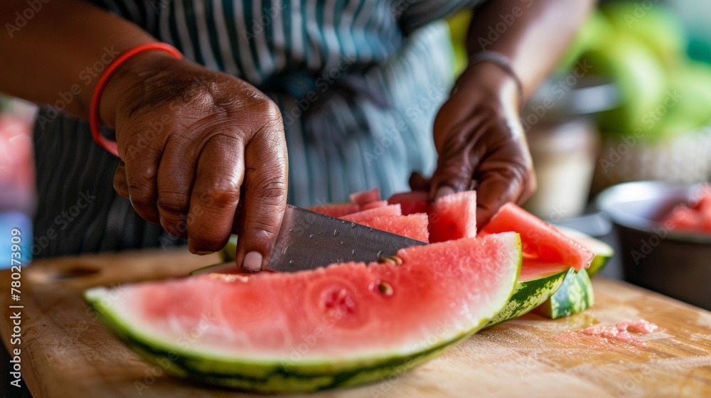A person is cutting a watermelon on a cutting board