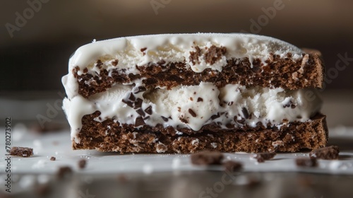 A slice of cake with a layer of ice cream and chocolate chips photo