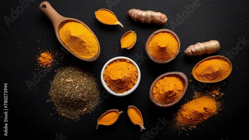 Turmeric on a black background. Free space for text.