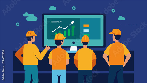 A team of engineers huddle around a large monitor displaying realtime data feeds studying predictive ytics projections to optimize production