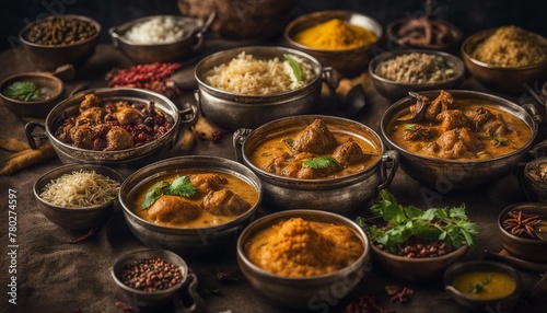 A colorful spread of traditional Indian dishes on a dark rustic backdrop, adorned with aromatic spices. photo